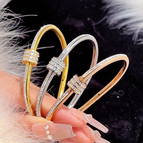 Bracciale Rigido Lussuoso in Acciaio Inossidabile 316L per Donna Con Intarsio di Zirconia Completa Anello Scorrevole Mobile Gioielli Ipoallergenici