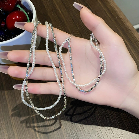 Double Layer Artificial Pearl Stainless Steel Necklace Bracelet Set Hematite Cube Beads Korean Style Minimalist Jewelry For Women