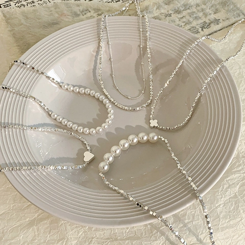 Minimalist Stainless Steel Heart Four-Leaf Clover Artificial Pearl Pendant Necklace For Women Platinum Plated Hematite Beaded Jewelry