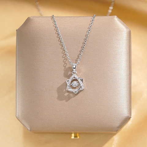 Titanium Steel Hexagram Star Pendant Necklace Women Zirconia Rhinestone Inlaid Dancing Stone Clavicle Chain Jewelry Gift