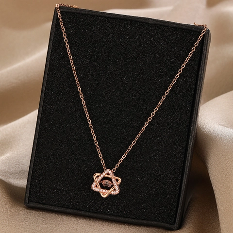 Titanium Steel Hexagram Star Pendant Necklace Women Zirconia Rhinestone Inlaid Dancing Stone Clavicle Chain Jewelry Gift