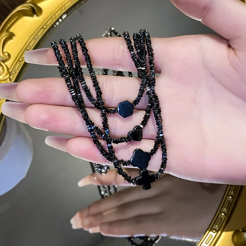 Zwarte Hematiet Kralenketting Titanium Staal Klavertje Hart Kruis Zeshoek Hanger Sleutelbeenketting Voor Vrouwen Sieraden
