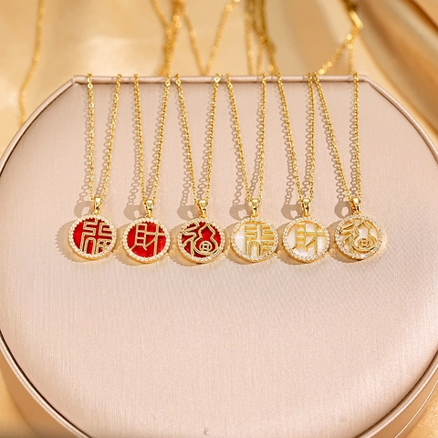Gold Plated Stainless Steel Chinese Character Fu Cai Pendant Necklace For Women Round Enamel Zircon Inlaid Necklace Jewelry