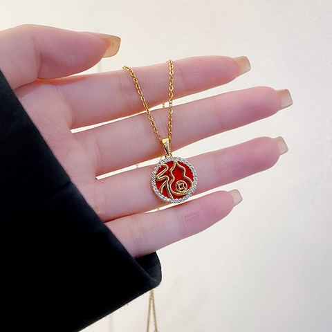 Gold Plated Stainless Steel Chinese Character Fu Cai Pendant Necklace For Women Round Enamel Zircon Inlaid Necklace Jewelry