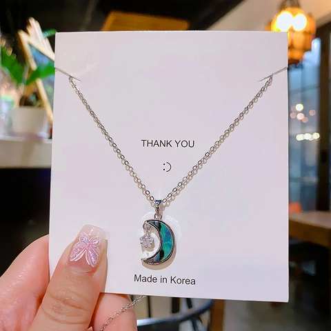 Titanstahl Abalone-Muschel Stern Mond Anhänger Halskette Für Damen Leicht Luxus Gold Silber Strass Schlüsselbein Kette Schmuck