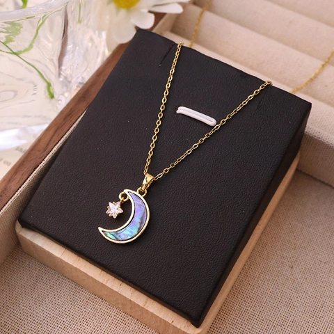 Titanstahl Abalone-Muschel Stern Mond Anhänger Halskette Für Damen Leicht Luxus Gold Silber Strass Schlüsselbein Kette Schmuck