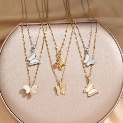Fashion Butterfly Pendant Necklace Titanium Steel Chain Shell Zirconia Inlaid Elegant Jewelry For Women Gold Silver