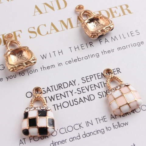 Korean Style Alloy Enamel Oil Drip Mini Bag Pendant Rhinestone Checkerboard Pattern DIY Jewelry Accessories Small Charm