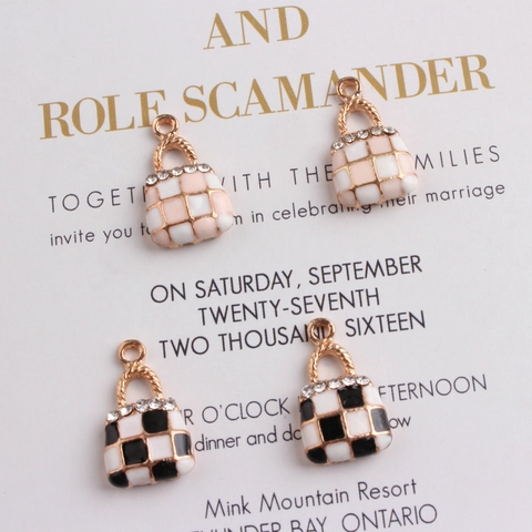 Korean Style Alloy Enamel Oil Drip Mini Bag Pendant Rhinestone Checkerboard Pattern DIY Jewelry Accessories Small Charm