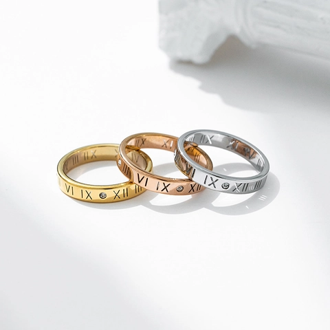 Titanium Steel Roman Numeral Ring For Women With Zircon Inlaid Gold Silver Rose Gold Fashion Commuter Finger Ring Jewelry