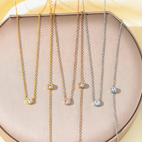 Minimalist Titanium Steel Single Rhinestone Necklace And Bracelet Round Pendant Clavicle Chain Jewelry For Women Fashion