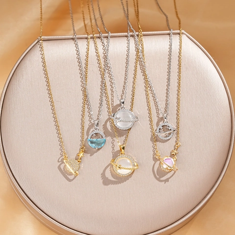 Titanium Steel Necklace With Planet Pendant Synthetic Opal Zirconia Star Moon Simple Fashion Jewelry Necklace For Women Gift