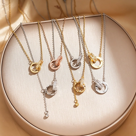 Fashion Stainless Steel Double Ring Roman Numeral Necklace Zircon Inlaid Luxury Clavicle Chain Jewelry For Women Gift