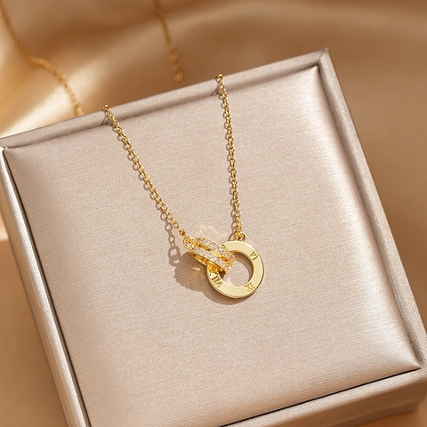 Fashion Stainless Steel Double Ring Roman Numeral Necklace Zircon Inlaid Luxury Clavicle Chain Jewelry For Women Gift