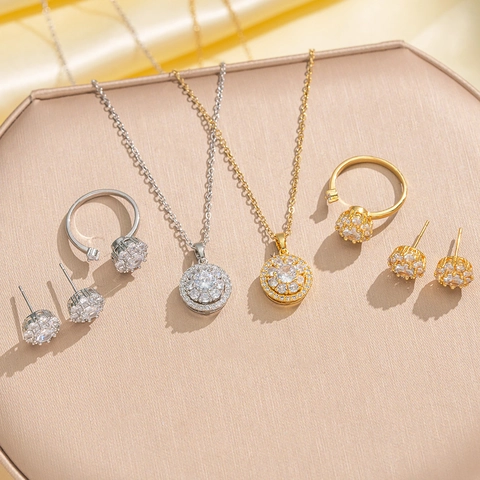 Women Rotating Sunflower Necklace Stud Earrings Open Ring Titanium Steel Zirconia Inlaid Elegant Fashion Commuting Jewelry Accessory