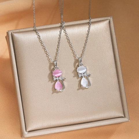 Collier Pendentif Chat Mignon Avec Pierre Oeil de Chat Chaîne en Acier Titane Pour Femme Bijoux Fantaisie