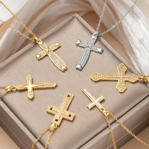 Zirconia Cross Pendant Necklace Titanium Steel Chain For Women Sparkling Copper Cross Jewelry Religious Punk Style Gold Silver Necklaces