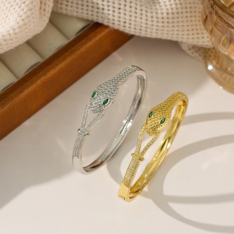 Luxus Messing Geist Schlange Armreif Für Damen Grüne Augen Zirkonia Eingelegt Schlangenform Armband Gold Silber Überzogen Schmuck