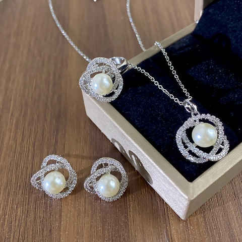 Luxury Titanium Steel Camellia Artificial Pearl Jewelry For Women Gold Silver Plated Zirconia Necklace Earrings Ring Elegant Daily Gift
