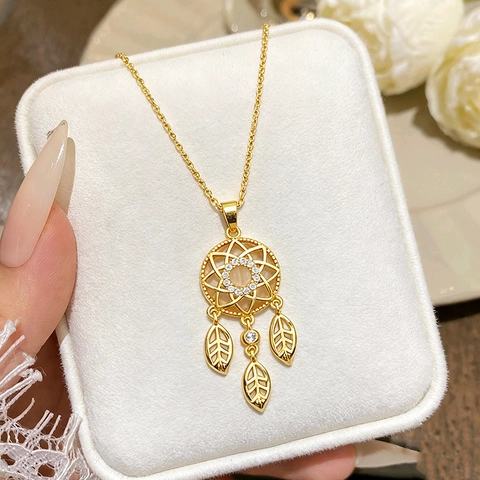 Gold Titanium Steel Dreamcatcher Pendant Necklace For Women Zirconia Opal Inlaid Hollow Leaf Charm Boho Clavicle Chain Jewelry