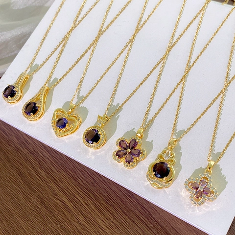 Purple Zircon Pendant Necklace Gold Plated Titanium Steel Jewelry For Women Heart Flower Crown Gourd Accessories Gift