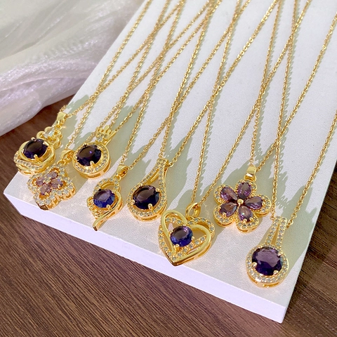 Purple Zircon Pendant Necklace Gold Plated Titanium Steel Jewelry For Women Heart Flower Crown Gourd Accessories Gift