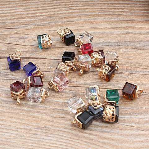 DIY Alloy Crystal Glass Cube Pendants With Golden Hollow Caps For Necklace Bracelet Jewelry Making Accessories Geometric Craft Charms