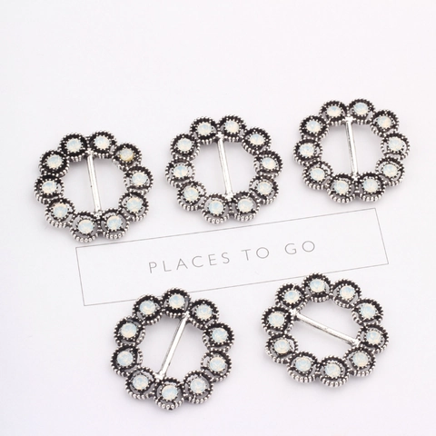 Vintage Alloy Hollow Flower Rhinestone T-Shirt Buckle Retro Silver Round Pendant DIY Jewelry Making Sliding Button 27mm