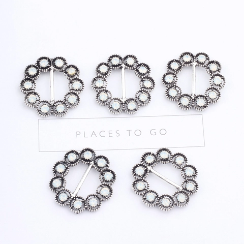 Vintage Alloy Hollow Flower Rhinestone T-Shirt Buckle Retro Silver Round Pendant DIY Jewelry Making Sliding Button 27mm