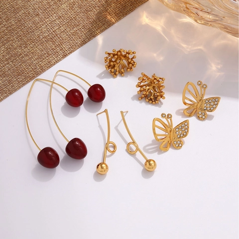 Edelstahl Gold Ohrstecker Für Damen Strass Künstliche Perle Kirsche Schmetterling Conch Schale Retro Ästhetik Schmuck Geschenk