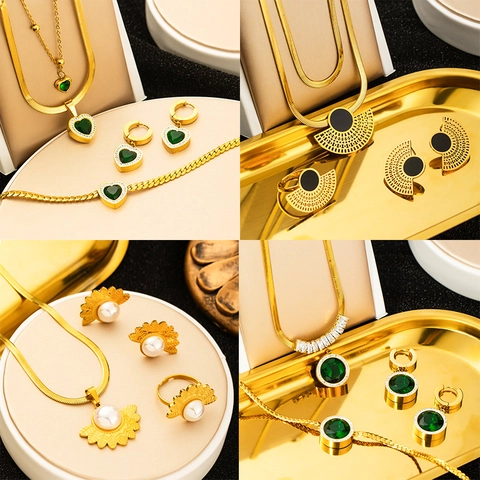 Luxury Stainless Steel Jewelry Set For Women Butterfly Heart Evil Eye Emerald Green Rhinestone Necklace Earrings Ring