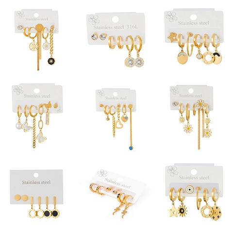 Gold Plated Edelstahl Ohrring-Set Böhmisch Stern Mond Herz Böser Blick Schmetterling Anhänger Ohrstecker Für Damen Schmuck
