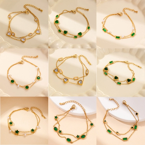 Vintage Edelstahl Doppellagiges Armband Für Damen Vergoldet Zirkonia Herz Stern Geometrisch Künstliche Perlenimitat Kette Schmuck