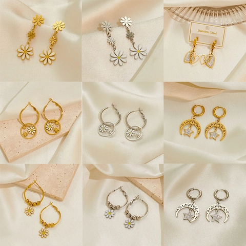 Edelstahl Gänseblümchen Herz Stern Mond Ohrstecker Für Damen Emaille Strass Eingelegt Blume Ohrringe Mode Schmuck