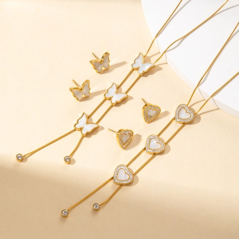Elegante Edelstahl Schleife Herz Halskette Und Ohrringe Vergoldet Künstliche Perle Strass Accessoires Für Damen