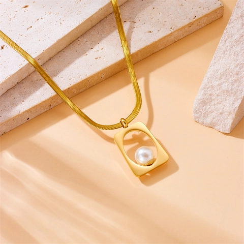 Geometric Irregular Square Hollow Artificial Pearl Necklace And Earrings And Ring Stainless Steel Gold Plated Elegant Fashion Jewelry For Women