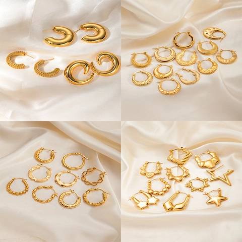 Mode Titanstahl Gold Creolen Für Damen Luxus Gehämmert Textur Stern Geometrisch Edelstahl Schmuck Geschenk