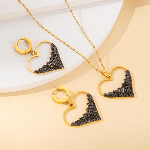 Edelstahl Herz Strass Schmuckset Für Damen Gold Hohl Herz Anhänger Halskette Und Ohrringe Mode Accessoire