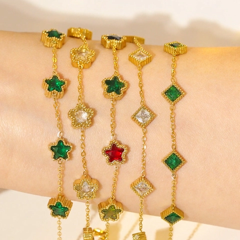 Vintage Smaragdgrünes Kristall Edelstahl Armband Für Damen Gold Überzogen Stern Blume Geometrischer Schmuck Verstellbar