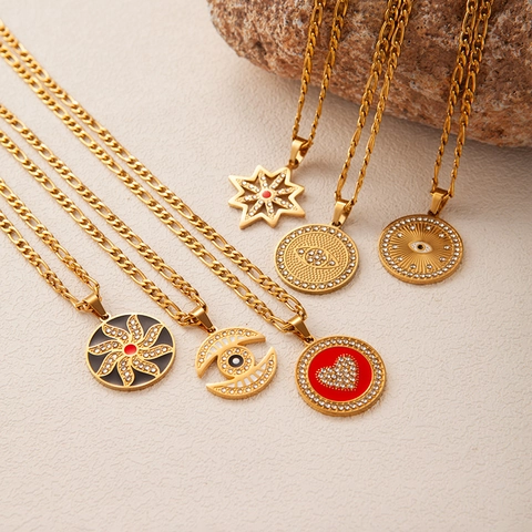 18K Vergoldete Edelstahl Figarokette Halskette Damen Emaille Böser Blick Herz Stern Anhänger Schmuck Geschenk