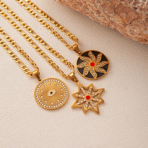 18K Vergoldete Edelstahl Figarokette Halskette Damen Emaille Böser Blick Herz Stern Anhänger Schmuck Geschenk
