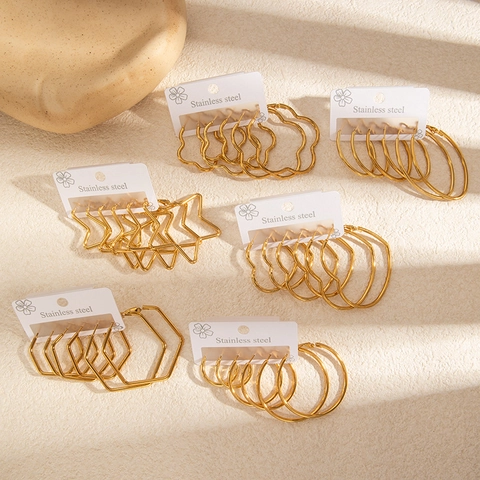 Mode Edelstahl Hoop Ohrringe Gold Plattiert Geometrisch Herz Stern Blume Sechseck Mäander Muster Ohrringe Für Damen