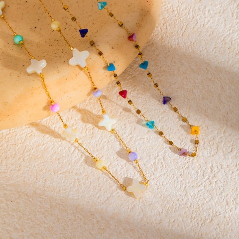 Boho Edelstahl Herz Kleeblatt Anhänger Halskette Für Damen Bunte Perlen Dopamin Stil Gold Vergoldet Stern Charm Schmuck Geschenk