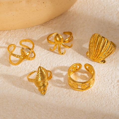 Ozean-Stil Edelstahl Offener Ring Vergoldet Muschel Seestern Oktopus Verstellbarer Seeschnecke Ringe Schmuck Für Damen