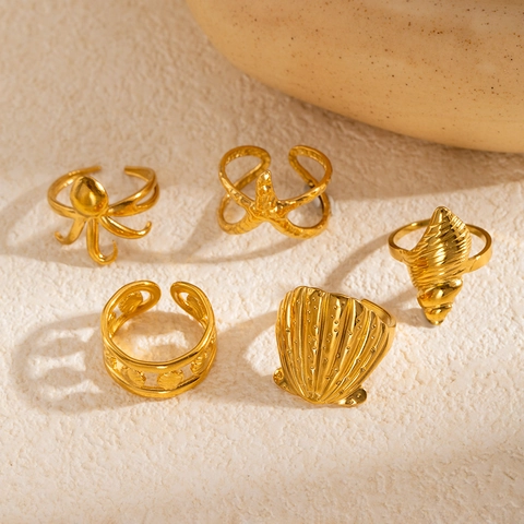 Ozean-Stil Edelstahl Offener Ring Vergoldet Muschel Seestern Oktopus Verstellbarer Seeschnecke Ringe Schmuck Für Damen
