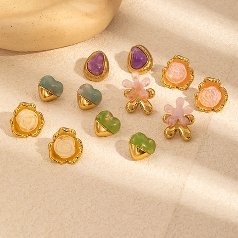 Edelstahl Herz Blume Ohrstecker Vintage Bunte Harz Marmor Eingelegte Ohrringe Mode Schmuck Für Damen Geschenk