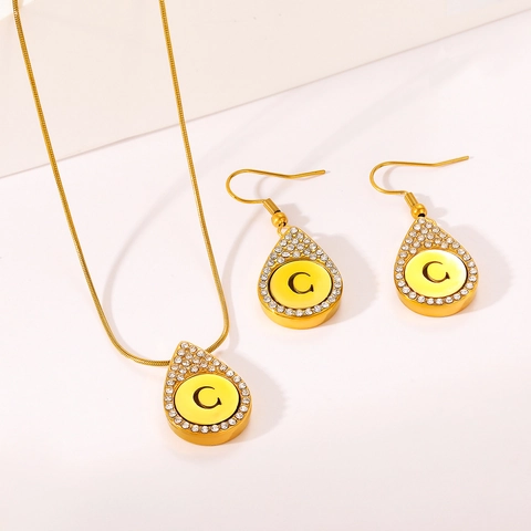 Titanstahl Wassertropfen Anfangsbuchstabe Halskette Und Ohrringe Mit Strass Mode Gold Schmuck Für Damen Alphabet A-Z