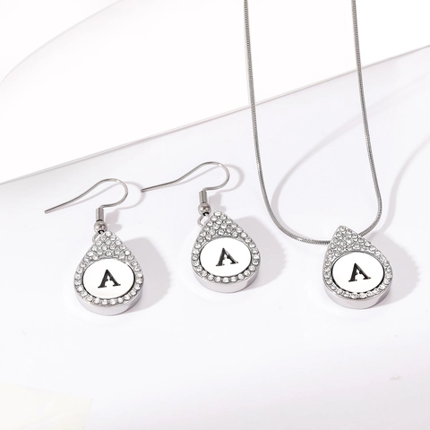 Edelstahl Anfangsbuchstabe Halskette Und Ohrringe Wassertropfen Anhänger Strass Schmuck Für Damen Silberfarben