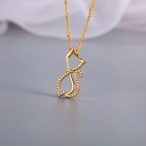 Minimalist Hollow Cat Pendant Necklace Copper Zirconia Inlaid Geometric Water Wave Chain Jewelry For Women Birthday Gift