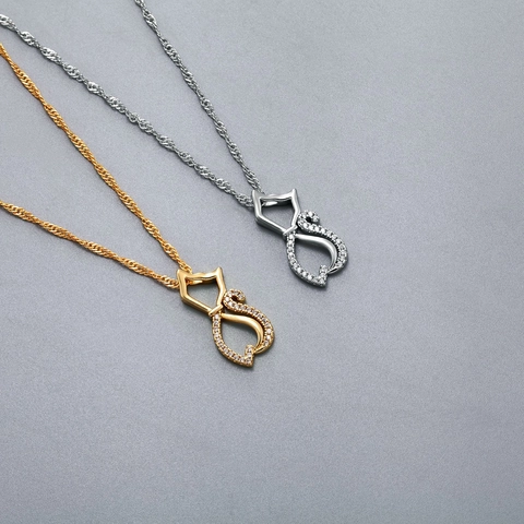 Minimalist Hollow Cat Pendant Necklace Copper Zirconia Inlaid Geometric Water Wave Chain Jewelry For Women Birthday Gift